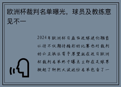 欧洲杯裁判名单曝光，球员及教练意见不一