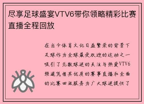 尽享足球盛宴VTV6带你领略精彩比赛直播全程回放